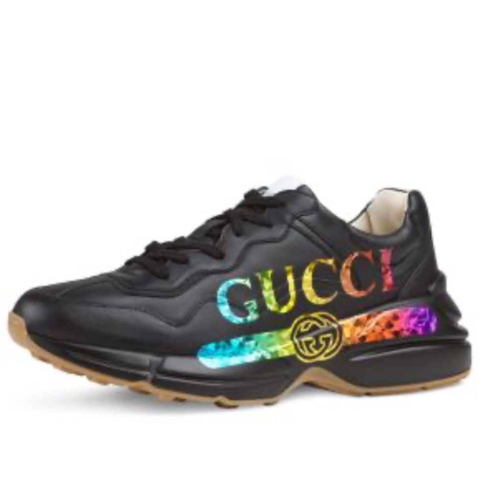 Gucci Black Sneakers with Rainbow Logo Men's Rhyton Iridescent Logo